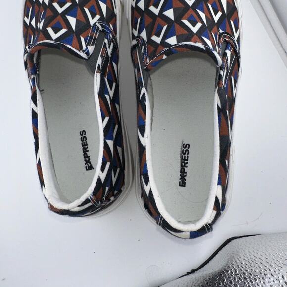 Express Canvas Brown Navy Black Cream Patterned Slip On Sneaker Shoes Size 9M - Picture 5 of 6